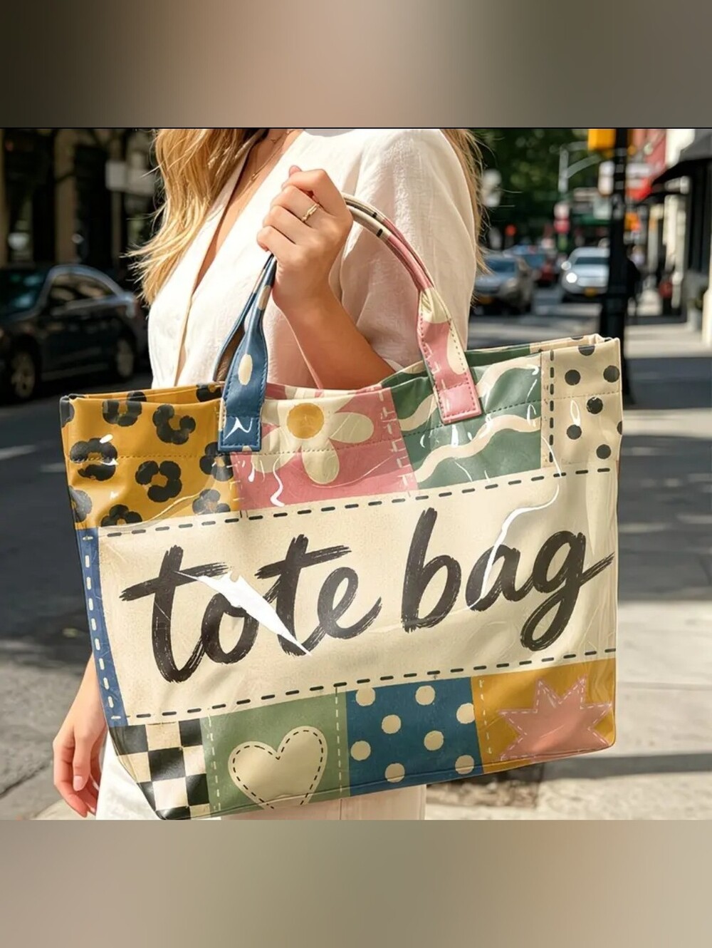 Women Patch Work Daily Commute Collage Print PVC Large Bag